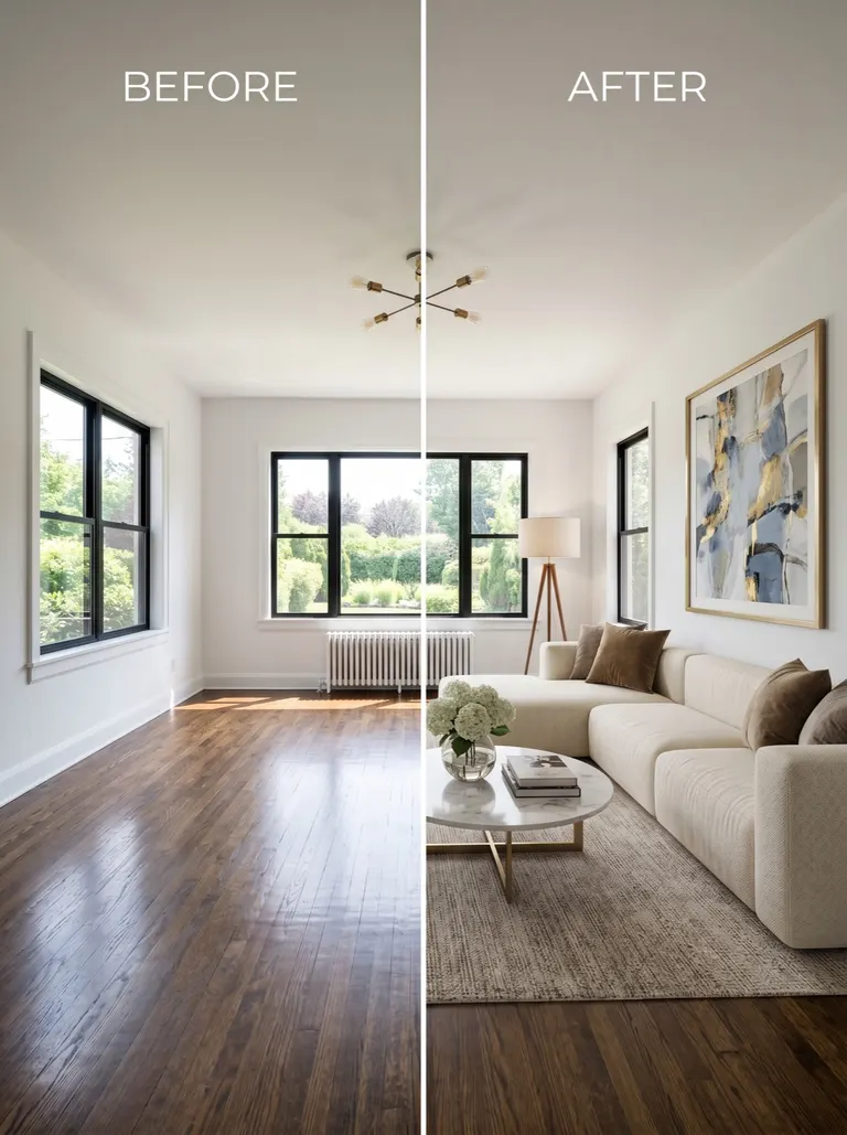Vacant living room beside a furnished virtual staging preview